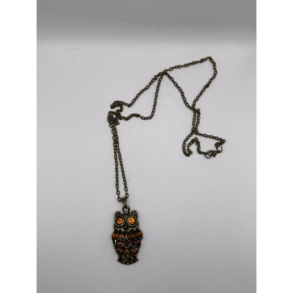 Antique Bronze-Tone Owl Pendant Necklace With Amber-Colored Eyes On Long Chain - Picture 2 of 3